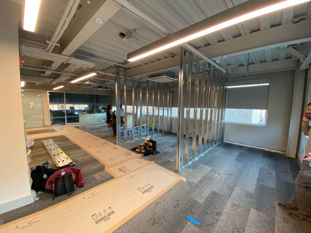 A newly framed office with aluminum studs